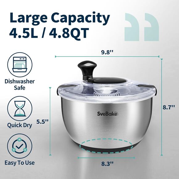 NWT SveBake 4.2 Qt Salad Spinner Stainless Steel Lettuce Dryer BPA-Free - Picture 2 of 9